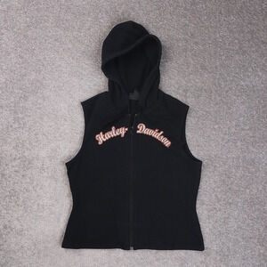 Womens Harley Davidson Medium Black Sleeveless Full Zip Hooded Vest